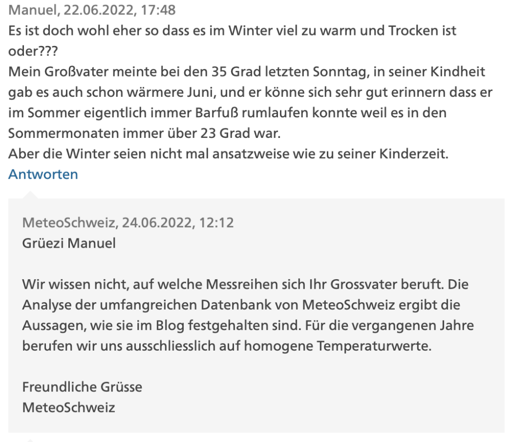Screenshot einer Konversation auf dem MeteoSchweiz-Blog